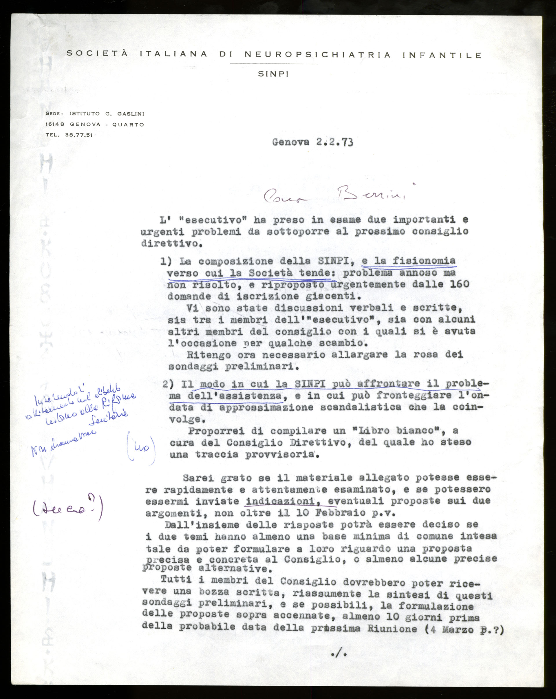 Lettera di De Negri, presidente della Società italiana di Neuropsichiatria infantile, a Berrini, 1973