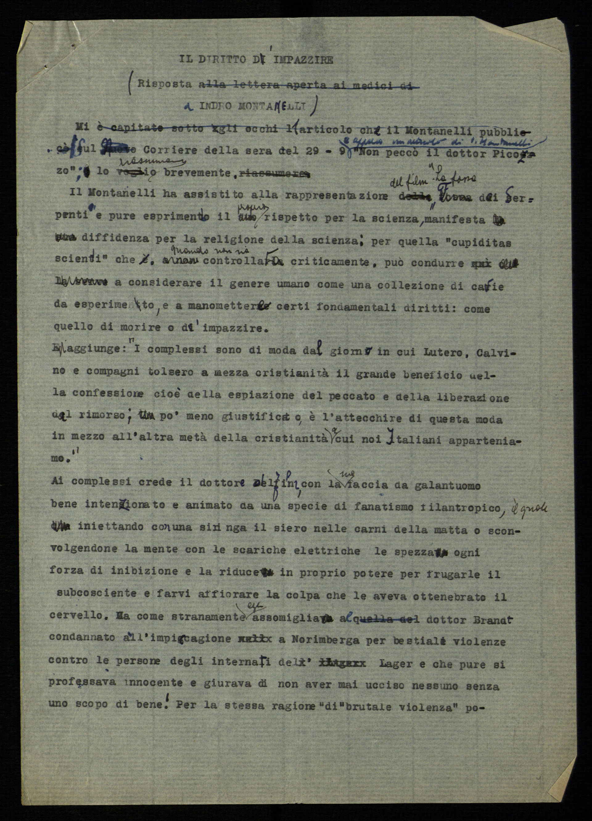 Cesare Musatti, Il diritto di impazzire (Risposta a Indro Montanelli), post settembre 1949