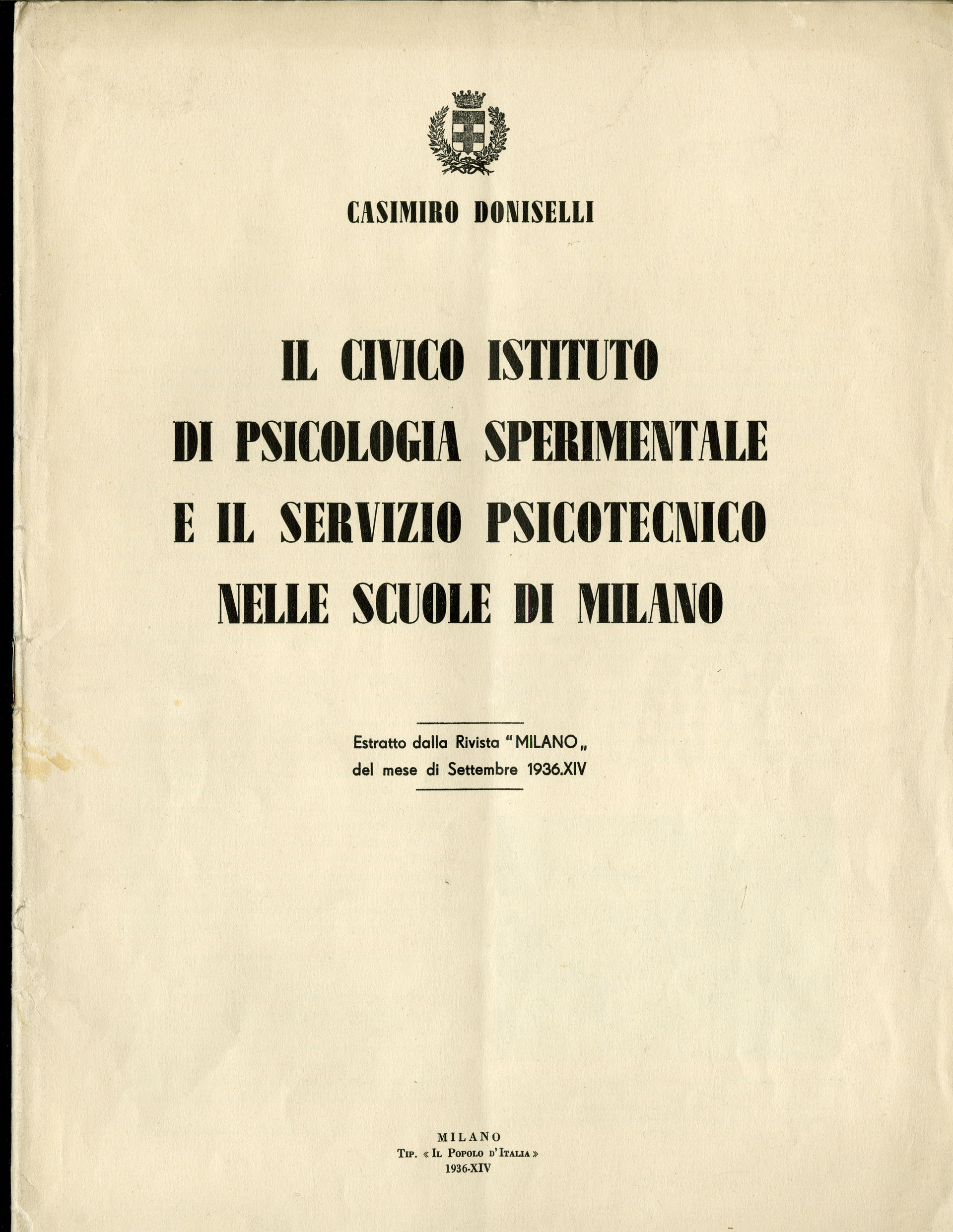 Casimiro Doniselli, Il Civico Istituto di Psicologia sperimentale e il servizio psicotecnico nelle scuole di Milano