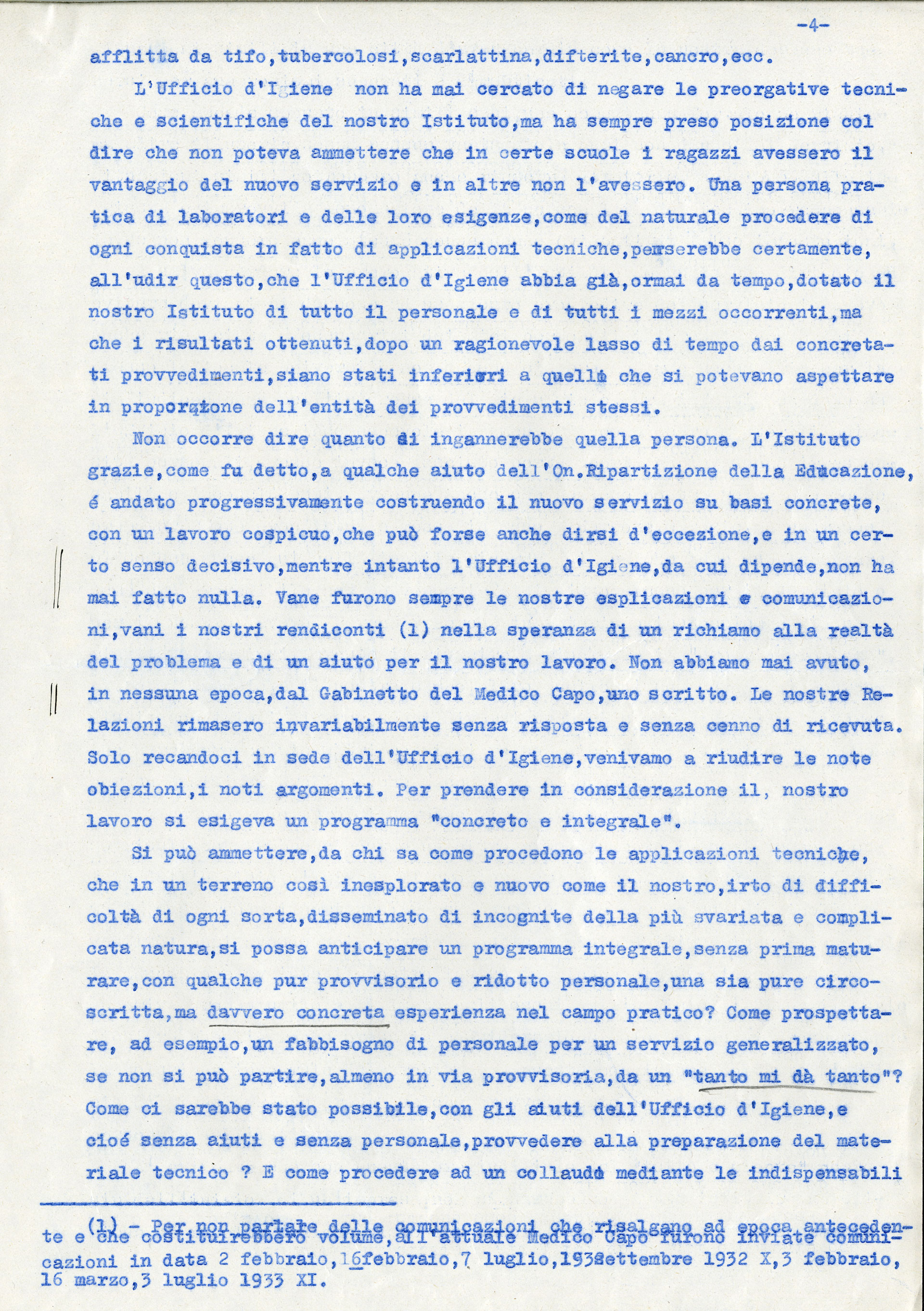 Relazione di Casimiro Doniselli sui difficili rapporti tra il “Civico Istituto di Psicologia Sperimentale” e l’Ufficio d’igiene del Comune di Milano, 1933