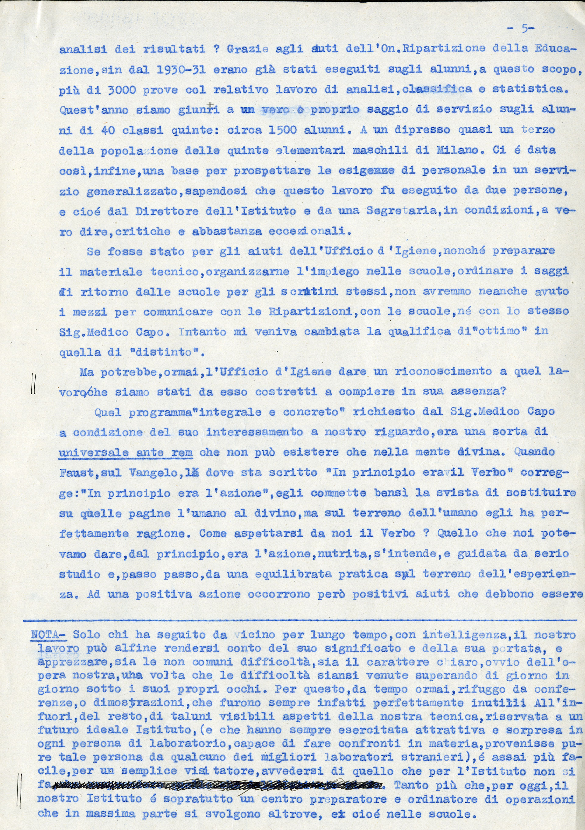 Relazione di Casimiro Doniselli sui difficili rapporti tra il “Civico Istituto di Psicologia Sperimentale” e l’Ufficio d’igiene del Comune di Milano, 1933